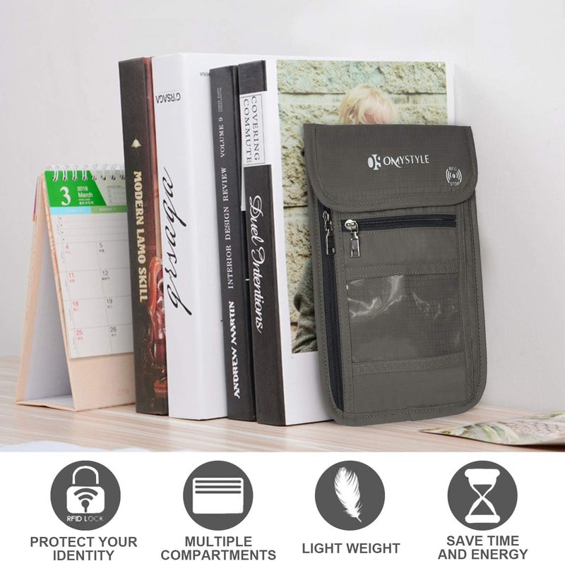 OMYSTYLE Neck Wallet, RFID Passport Holder for Travel, Adjustable Neck Strap, Waterproof Neck Pouch for Men & Women to Keep Cash, Credit Cards and Documents Safe, Grey (8x6) - Image 2